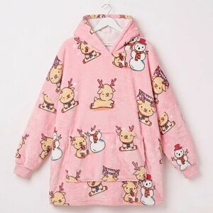 NWT Oodie Pink Reindeer and Snowman Cozy Blanket Hoodie